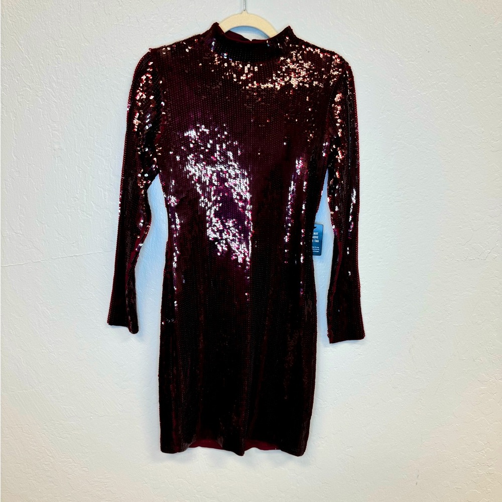 EXPRESS Maroon Sequin long sleeve Mock neck mini short dress open back Medium
